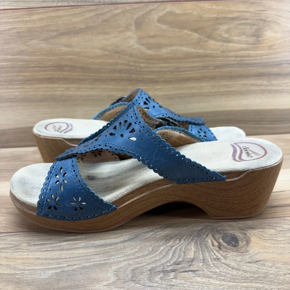 Dansko Flower Cut Out Sandals Womens 11 EU 41 Blue Leather Buckle‎ Slip On Wedge